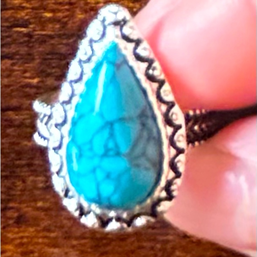 Bold Large Turquoise Crystal Teardrop Ring Western Boho Vintage Style Size 8 New